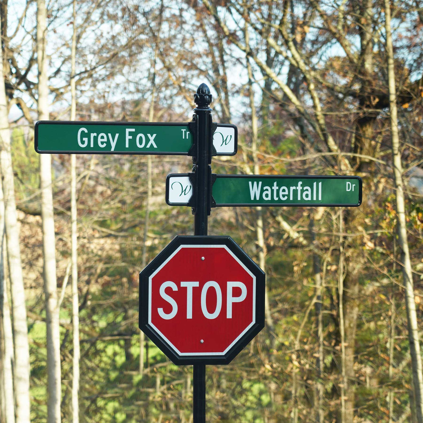 a street sign assembly including a printed street blade, a stop sign, a street paddle, street sign post, and decorative finial.