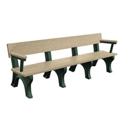 8 ft long park bench in tan and green colors on a white background