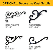 Decorative scroll options for the Colonial Decorative Street Sign including Bellflower, Sorrento, Ivy, and Hatteras