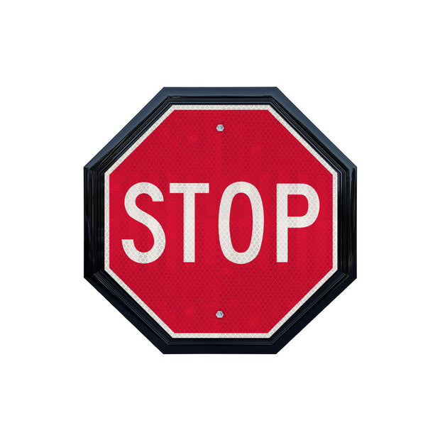 stop sign shown in decorative octagon sign frame. 