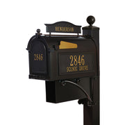 whitehall capitol mailbox ultimate package shown in bronze gold
package includes finial, post, mounting bracket, newspaper box, side plaques, door plaque and mailbox topper.