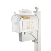 whitehall capitol mailbox ultimate package shown in white gold
package includes finial, post, mounting bracket, newspaper box, side plaques, door plaque and mailbox topper.