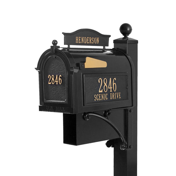 whitehall capitol mailbox ultimate package shown in black gold
package includes finial, post, mounting bracket, newspaper box, side plaques, door plaque and mailbox topper.