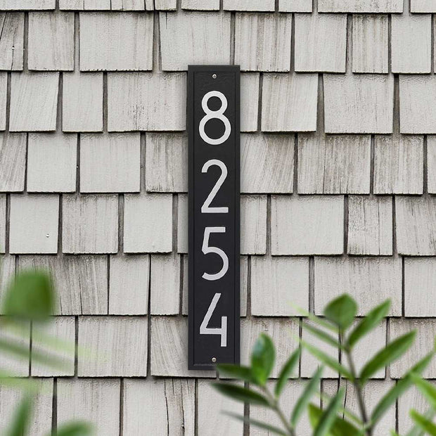 modern vertical house number plaque on shake siding