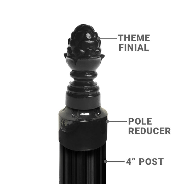 3" finial shown mounted to a 4" post using our pole reducer cap. Black powder coat finish on all items.