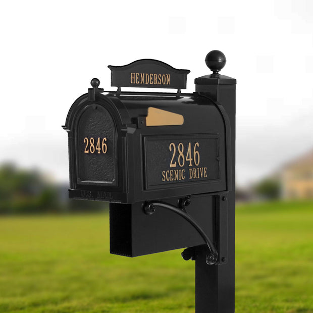 whitehall capitol mailbox ultimate package shown in black gold
package includes finial, post, mounting bracket, newspaper box, side plaques, door plaque and mailbox topper - mailbox shown against a grassy background.