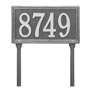 Standard size rectangular address plaque with 4.5" numbers. Address plaque shown with Pewter finish and lawn stakes for ground installation.