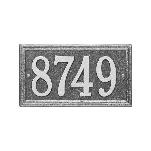 Standard size rectangular address plaque with 4.5" numbers. Address Plaque is shown with a Pewter Finish, and screw mounting to be mounted to exterior or interior wall.