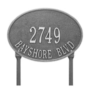 Standard size oval address plaque shown with two lines of text. Address number height is 3". Address plaque is shown with pewter finish and lawn stake mounting. 
