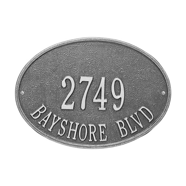 Standard size oval address plaque with two lines of text. Address Number height is 3". Address Plaque is shown with a pewter finish and screw mounting. 