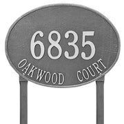 Large oval address plaque with two lines of text. Address numbers are 4.5" in height. Address Plaque is shown with a pewter finish and lawn stake mounting.