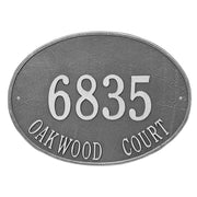 Large oval address plaque with two lines of text. Address numbers are 4.5" height. Plaque is shown in a pewter finish wish screw mounting.