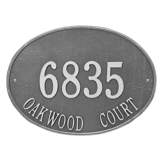 Large oval address plaque with two lines of text. Address numbers are 4.5" height. Plaque is shown in a pewter finish wish screw mounting.