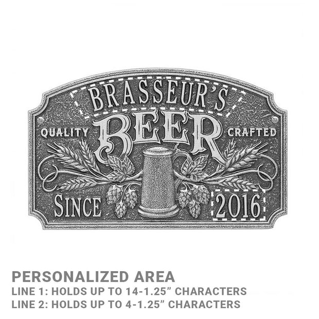 Arch Quality Crafted Beer Since Date Personal Plaque. Shown in Pewter finish. Dotted lines specify what text can be personalized.