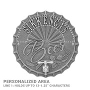 Gift plaque shown in a pewter finish. Dotted lines specify the areas of text that can be edited.