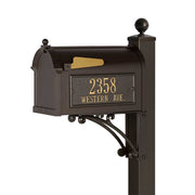 whitehall deluxe style mailbox with address side plaques shown in bronze/gold