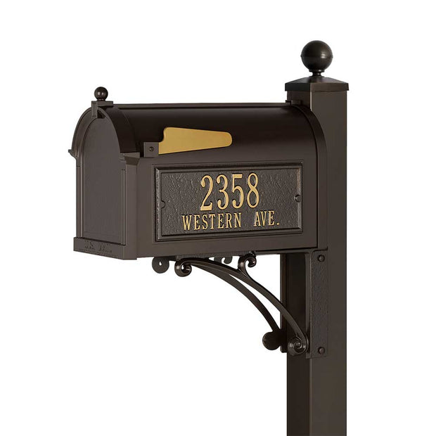 whitehall deluxe style mailbox with address side plaques shown in bronze/gold