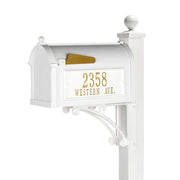 whitehall deluxe style mailbox with address side plaques shown in white/gold