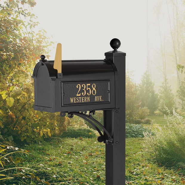 whitehall deluxe style mailbox with address side plaques shown in black/gold