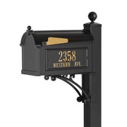 whitehall deluxe style mailbox with address side plaques shown in black/gold