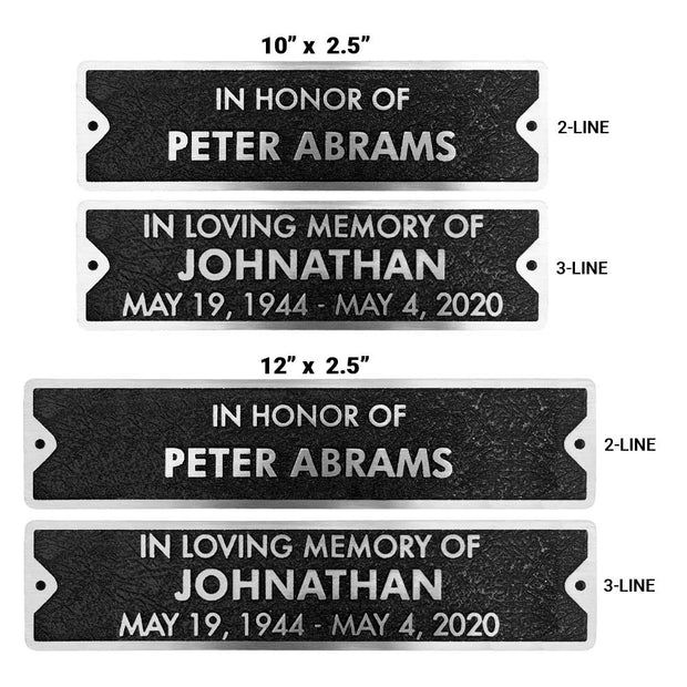 Memorial plaque size options and text format options for aluminum plaques.