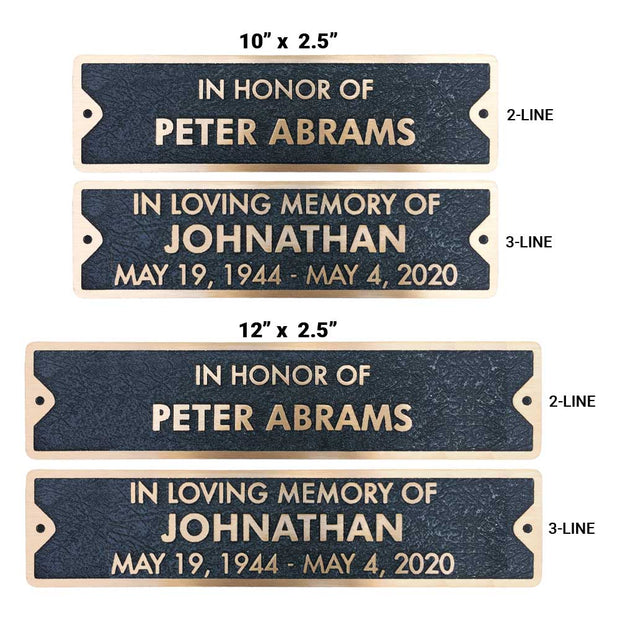 Memorial plaque size options and text format options for bronze plaques.