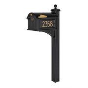 Modern Balmoral Mailbox 9.625" x 25" x 58.25", shown with black finish and gold accents