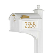 Modern Balmoral Mailbox shown with white finish and gold accents