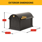 Showing Modern Balmoral Mailbox only, no post. Exterior box dimensions : W: 13.75" x H:13" x D:21.25". Shown in Black Finish and gold accents.