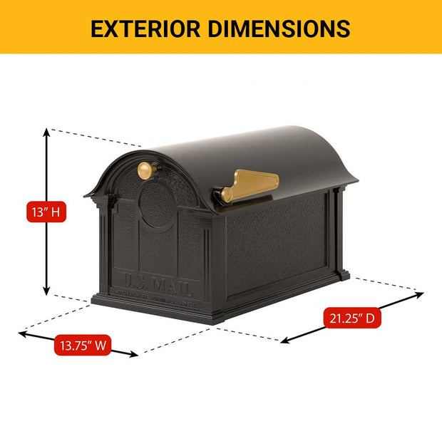 Showing Modern Balmoral Mailbox only, no post. Exterior box dimensions : W: 13.75" x H:13" x D:21.25". Shown in Black Finish and gold accents.