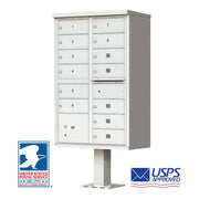 Florence Vital 1570 Series CBU Mailbox Unit in white. This USPS cluster mailbox is a 13 unit, type 4 with one parcel door and includes a mail slot and standard silver tenant door ID numbers. Model 1570-13