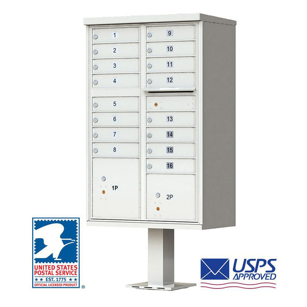 Florence Vital 1570 Series CBU Mailbox Unit in white. This USPS cluster mailbox is a 16 unit, type 3 with two parcel doors and includes a mail slot and standard silver tenant door ID numbers. Model 1570-16