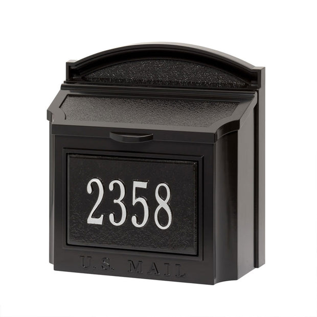 wall mailbox with silver and black plaque