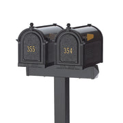 2 decorative black cast aluminum mailboxes attached to one post with a top bar to mount both mailboxes on the same post unit