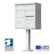 Florence Vital 1570 Series CBU Mailbox Unit in white. This USPS cluster mailbox is a 4 tenant unit, type 5 with two parcel doors and includes a mail slot and standard silver tenant door ID numbers. Model 1570-4T5
