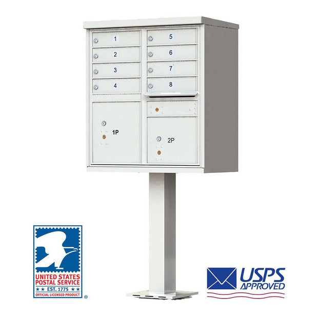 Florence Vital 1570 Series CBU Mailbox Unit in white. The USPS cluster mailbox is a 8 tenant unit, type 1 with two parcel doors and includes a mail slot and standard silver tenant door ID numbers. Model 1570-8