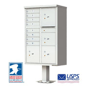 Florence Vital 1570 Series CBU Mailbox Unit in white. This USPS cluster mailbox is an 8 tenant unit, type 6 with 4 large, secure parcel door slots and  includes a mail slot and standard silver tenant door ID numbers. Model 1570-8T6