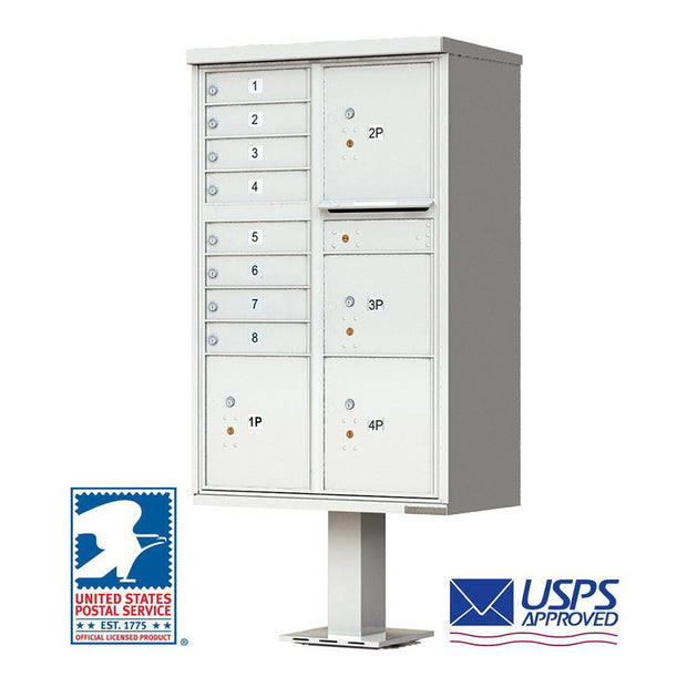 Florence Vital 1570 Series CBU Mailbox Unit in white. This USPS cluster mailbox is an 8 tenant unit, type 6 with 4 large, secure parcel door slots and  includes a mail slot and standard silver tenant door ID numbers. Model 1570-8T6