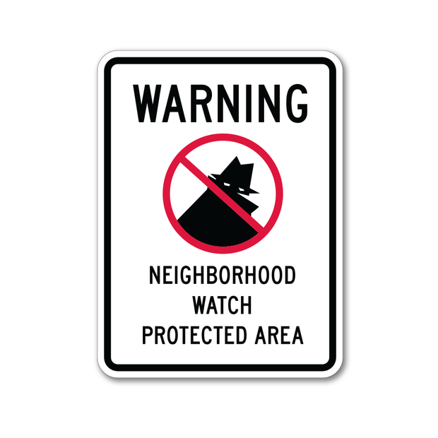 neighborhood watch sign with symbol and warning text at the top