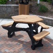 Hexagon picnic table with cedar top and black base with wheelchair accessible seating