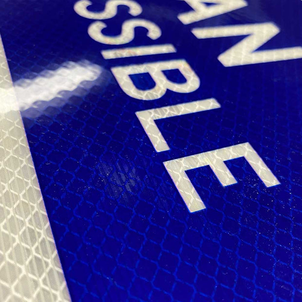 detail of blue printed on HIP reflective vinyl