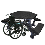 plaza ada compliant hexagon recycled plastic picnic table in black top and base with wheelchair pulled up to one corner