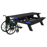 Standard ADA compliant 8 ft picnic table with wheelchair at one end, isolated on white background.