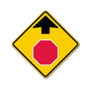 MUTCD W3-1 - Stop Ahead Traffic Warning Sign. Arrow Up and Stop Sign Symbol printed in black on reflective yellow background.  