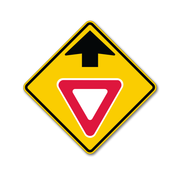 MUTCD W3-2 - Yield Ahead Traffic Warning Sign Arrow Up and Yield Sign Symbol printed in black on reflective yellow background on a diamond shaped standard aluminum blank.