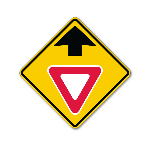 MUTCD W3-2 - Yield Ahead Traffic Warning Sign Arrow Up and Yield Sign Symbol printed in black on reflective yellow background on a diamond shaped standard aluminum blank.