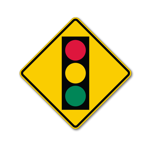 W3-3 Signal ahead traffic warning sign on yellow diamond with traffic light symbol printed in green, red and black