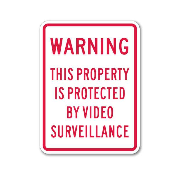 rectangle security sign that says Warning This Property is Protected by Video Surveillance in red text on white reflective background