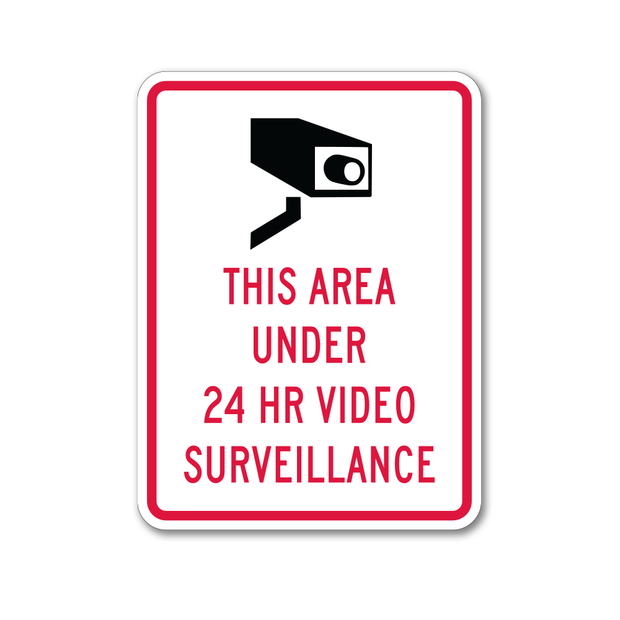 video surveillance security sign with black camera icon and red text that says this area under 24 hr video surveillance