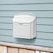 white paiting cast aluminum wall mailbox shown mounted to the siding on a house